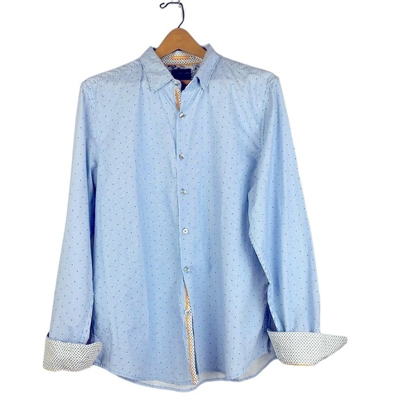 Denim & Flower Ricky Singh Men Dress Shirt SZ L Slim Fit Blue Stripes and Dots - Picture 1 of 11